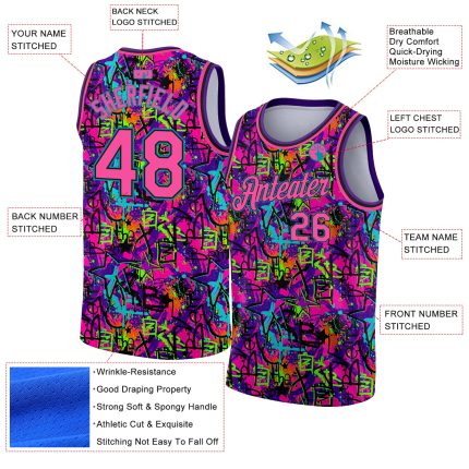 Custom Personalized Pink Black Graffiti 3D Art Basketball Jersey with Name and Number Personalized Graffiti Pattern Pink
