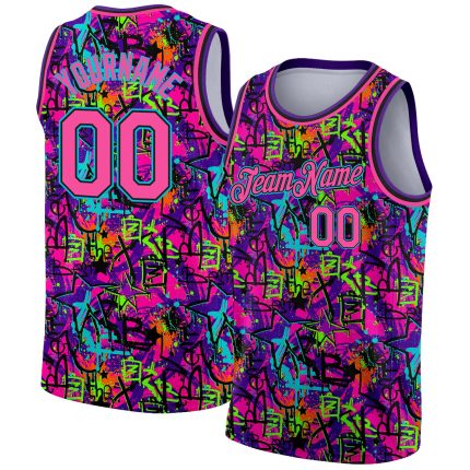 Custom Personalized Pink Black Graffiti 3D Art Basketball Jersey with Name and Number Personalized Graffiti Pattern Pink