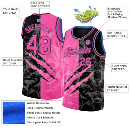 Custom Name and Number 3D Scratch Basketball Jersey - Personalized Pink Black Light Blue Graffiti Pattern Team Jersey Personalized