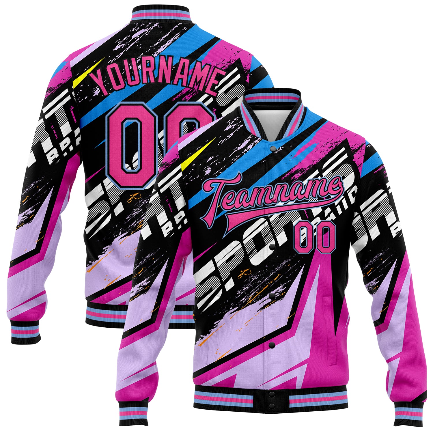 Custom Name Number Pink Black Light Blue Graffiti 3D Varsity Letterman Bomber Jacket Sports Personalized Graffiti Pattern