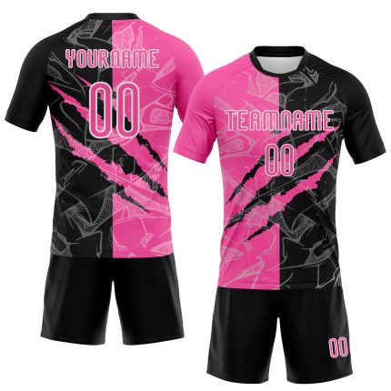 Custom Pink-Black Graffiti Volleyball Uniform Jersey with Scratch Sublimation, Personalized Team Name and Number Personalized