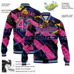 Custom Name and Number 3D Abstract Bomber Jacket Pink Black Sky Blue Graffiti Pattern Futuristic Full-Snap Varsity Letterman