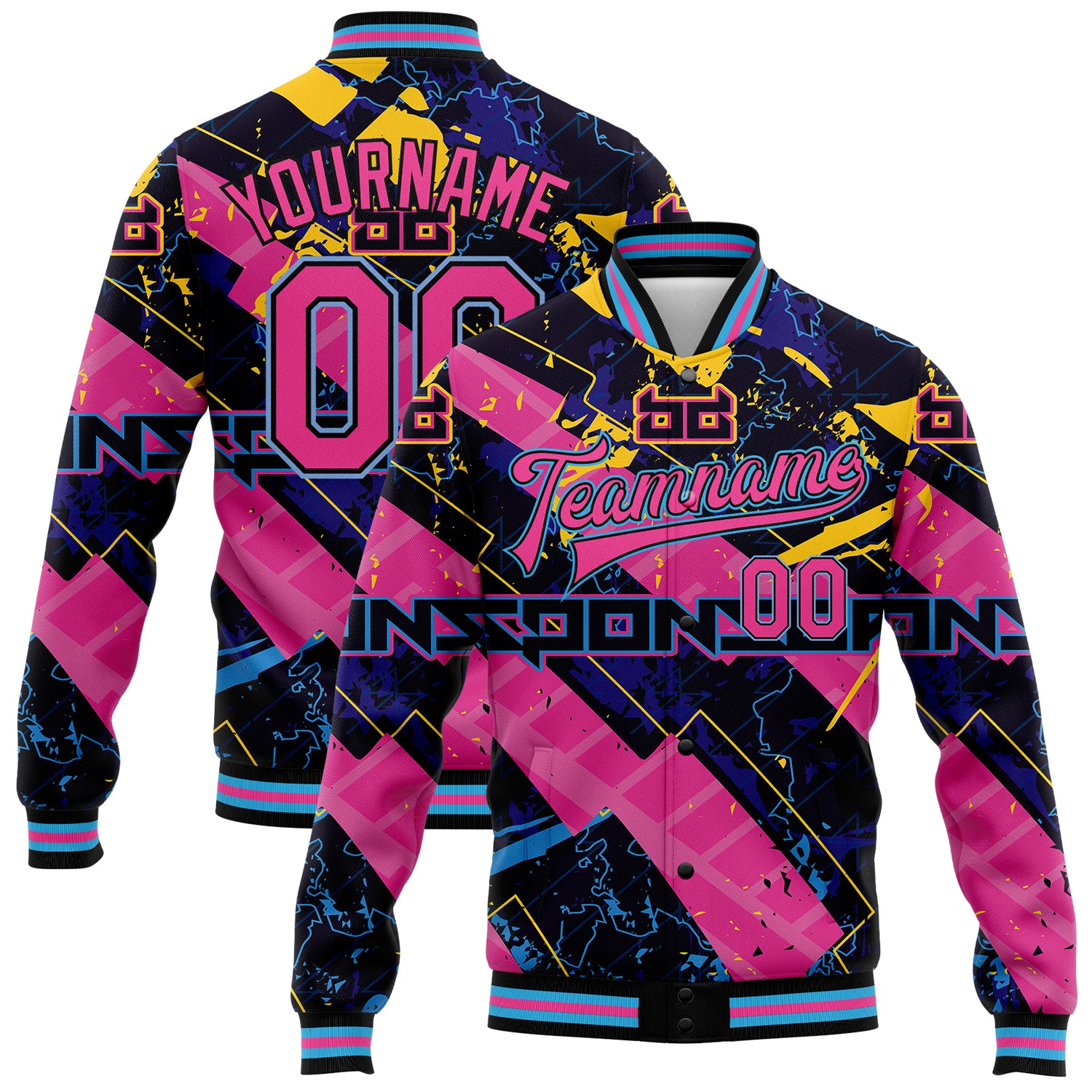 Custom Name and Number 3D Abstract Bomber Jacket Pink Black Sky Blue Graffiti Pattern Futuristic Full-Snap Varsity Letterman