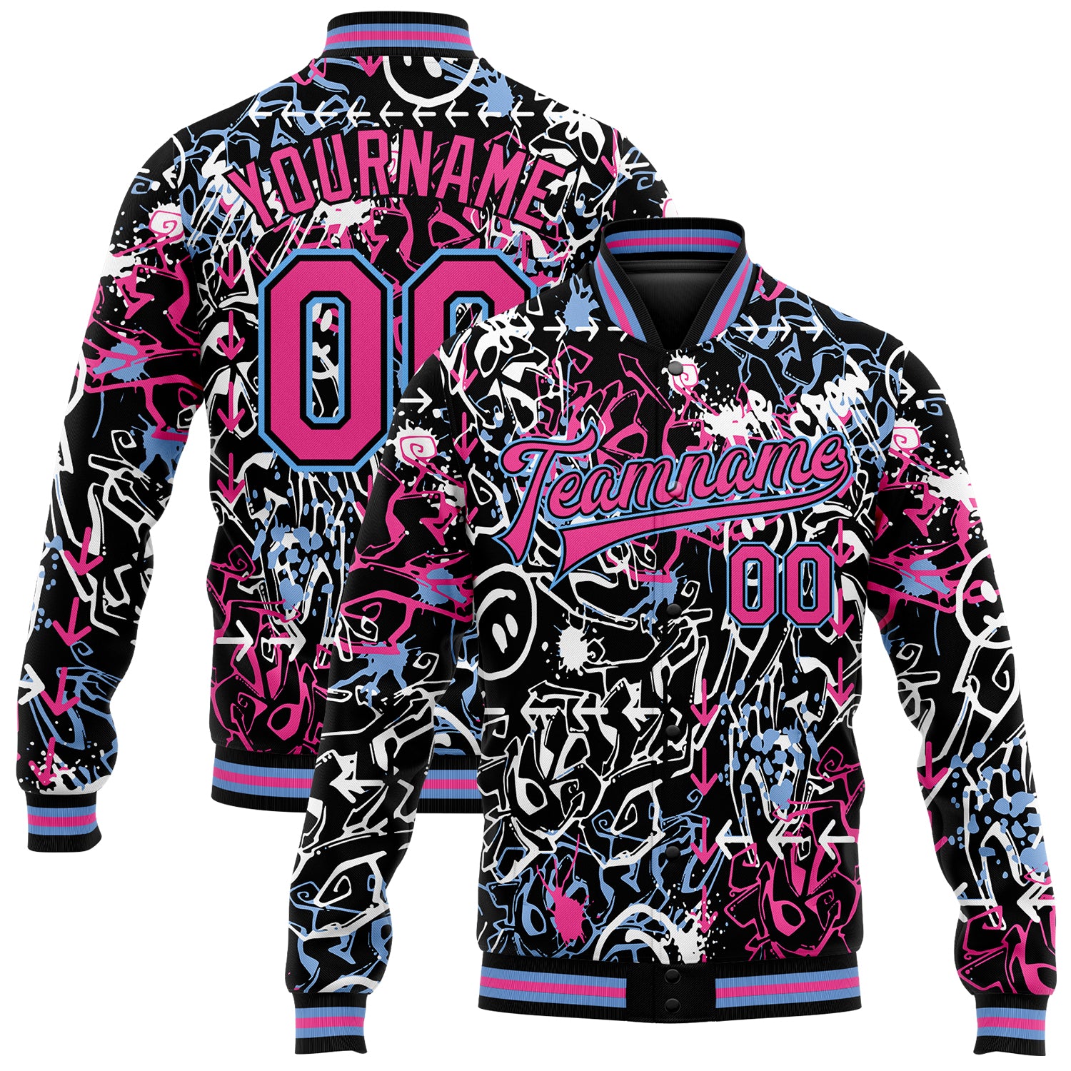 Custom Name & Number 3D Bomber Varsity Jacket for Team - Personalized Pink-Light Blue Abstract Graffiti Pattern Grunge Art
