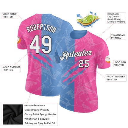 Custom Graffiti Pattern Performance T-Shirt in Pink Light Blue and Black - 3D Scratch Design with Team Name and Number Personalized