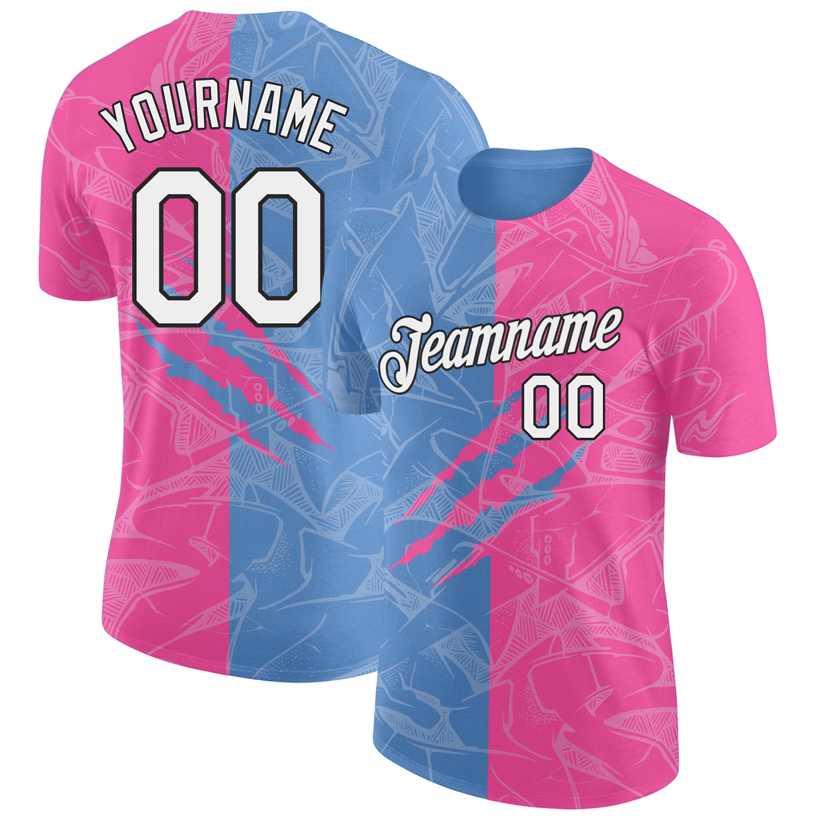 Custom Graffiti Pattern Performance T-Shirt in Pink Light Blue and Black - 3D Scratch Design with Team Name and Number Personalized