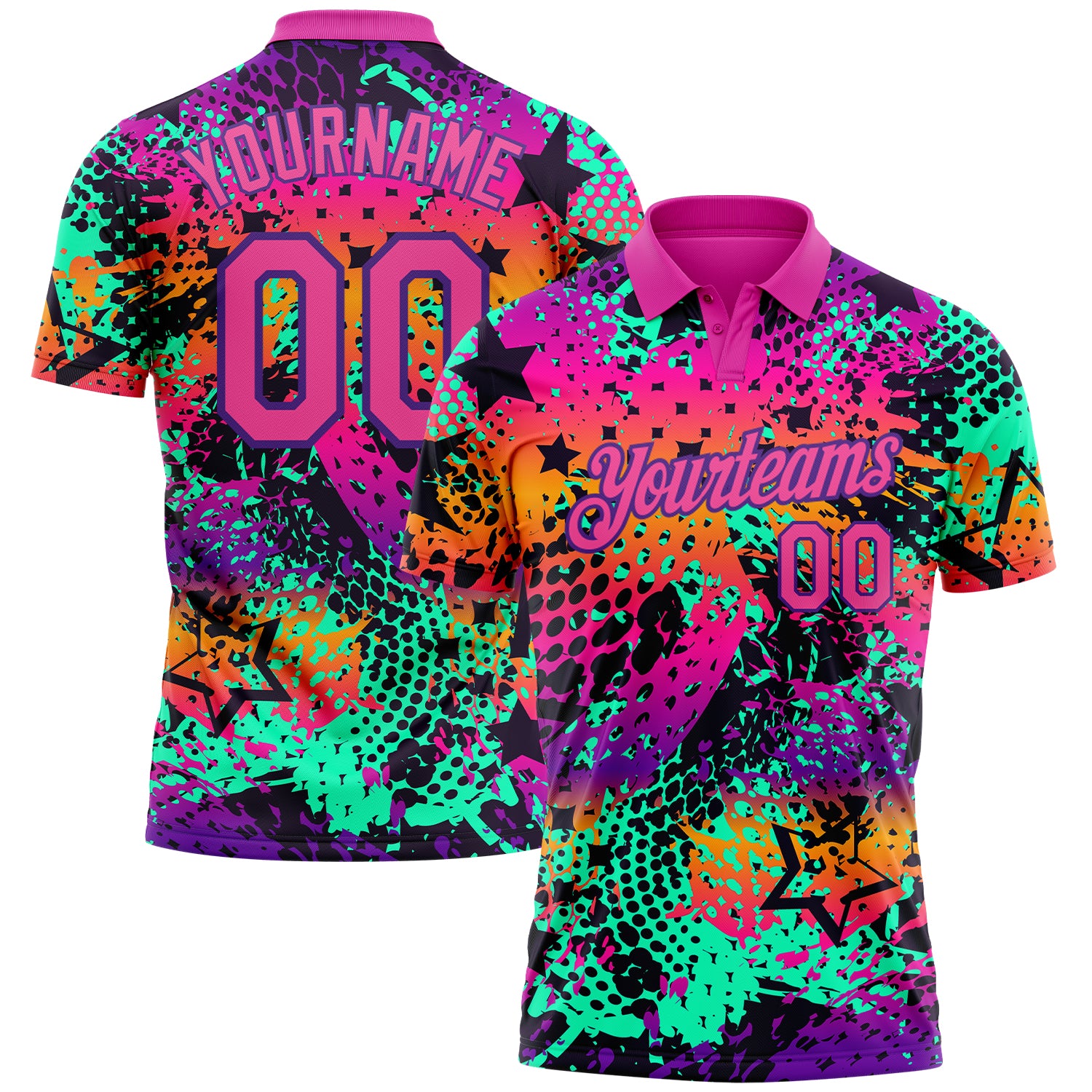 Custom Name Number 3D Performance Golf Polo Shirt Pink Purple Graffiti Pattern Personalized Team Apparel Personalized Graffiti