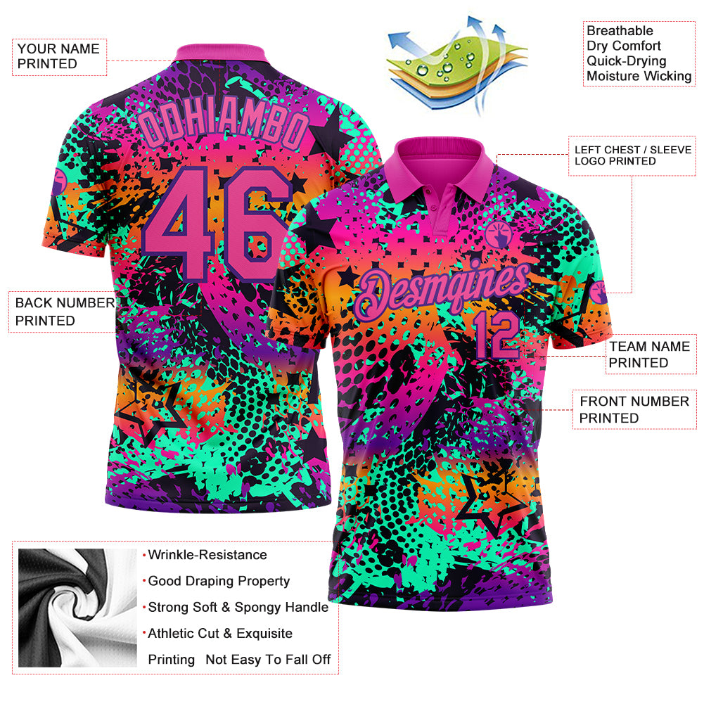Personalized Graffiti Pattern Pink-Purple 3D Performance Golf Polo Shirt Team Custom Name and Number Custom Name Number 3D Performance Golf Polo Shirt Pink Purple Graffiti Pattern Personalized Team Apparel Personalized Graffiti - Image 3