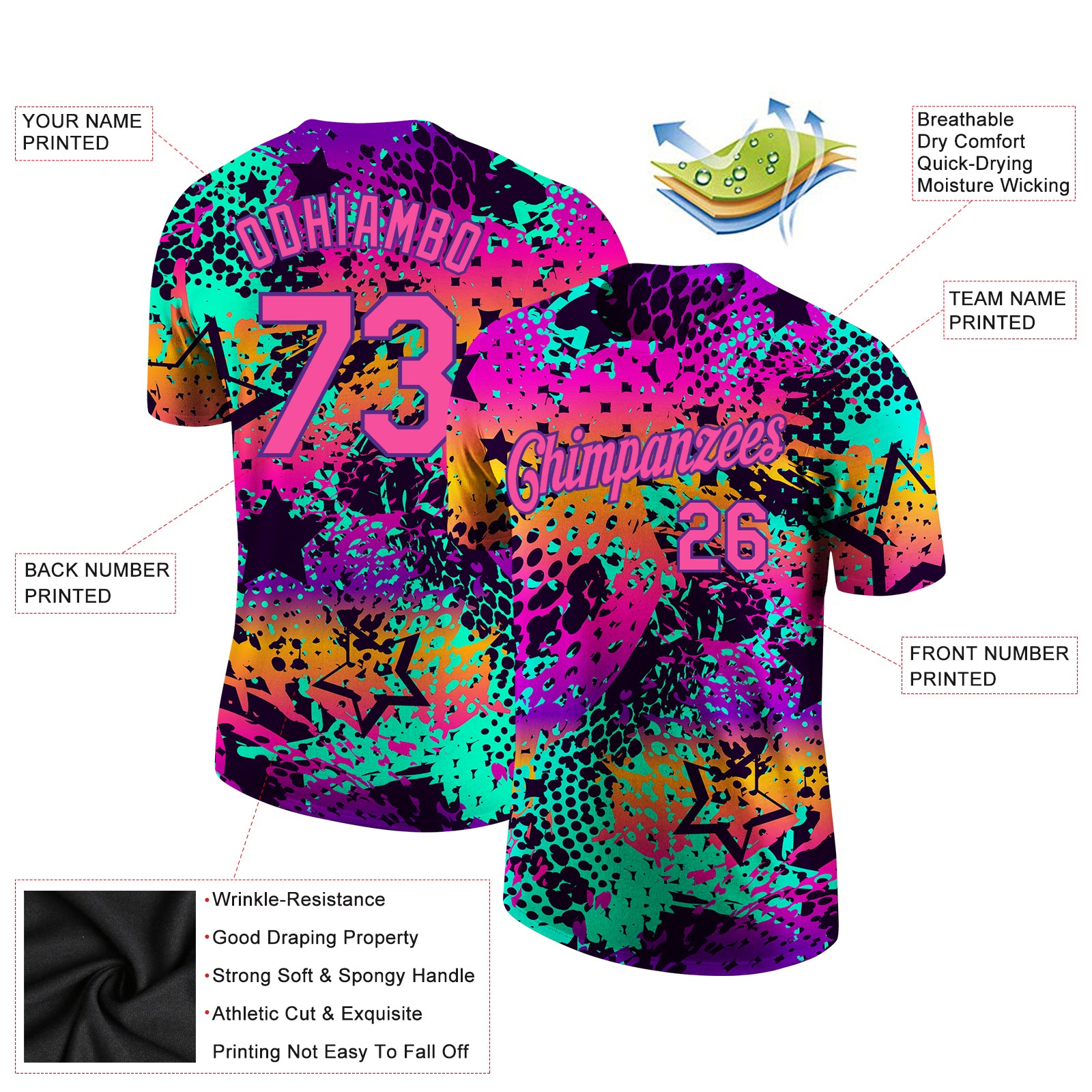 Personalized Graffiti Pattern Pink-Purple 3D Performance T-Shirt Team Custom Name and Number Custom Name and Number Personalized Graffiti Pattern 3D Performance T-Shirt - Pink Purple Design Personalized Graffiti Pattern - Image 2