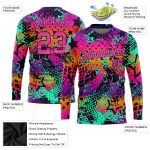 Custom Neon Graffiti 3D Long Sleeve T-Shirt in Pink-Purple with Team Name & Number - Performance Wear Personalized Graffiti