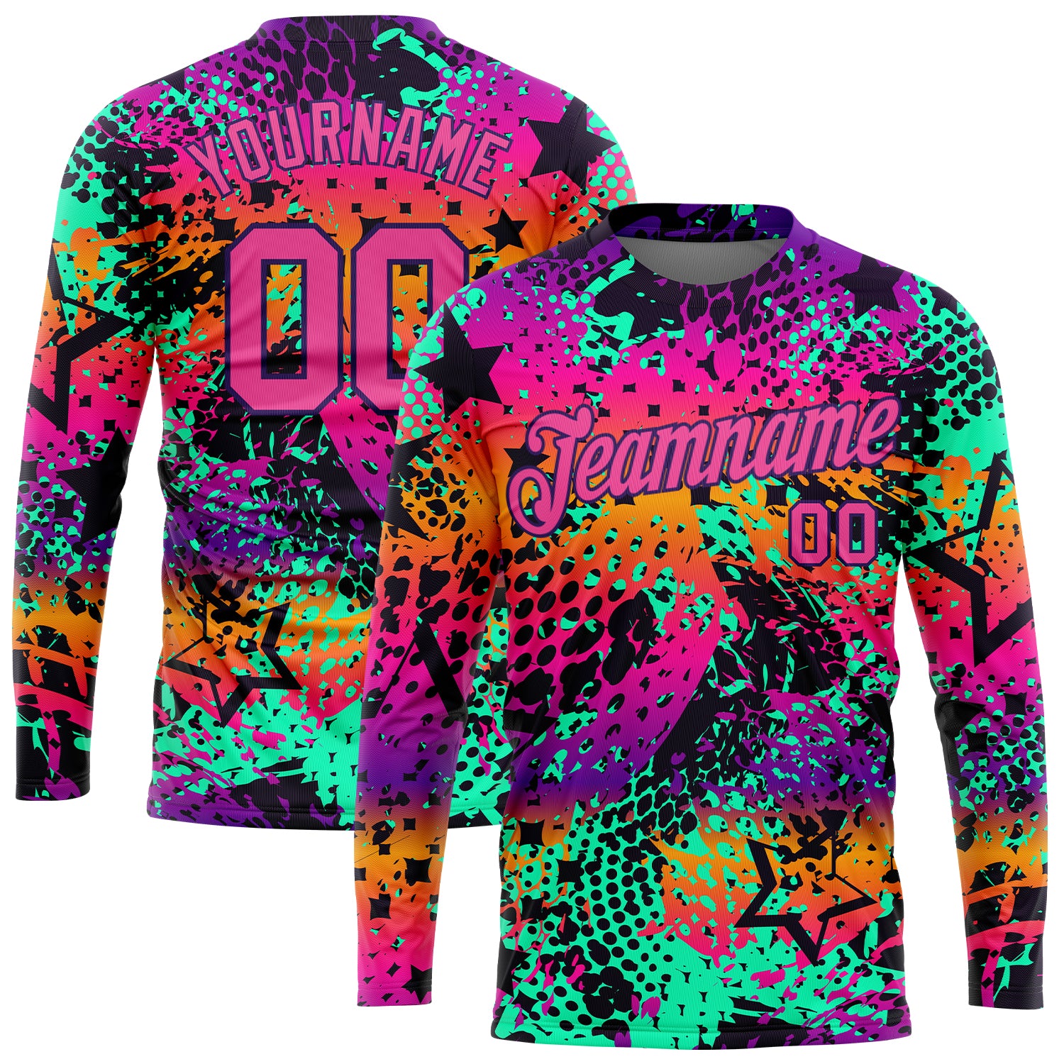 Custom Neon Graffiti 3D Long Sleeve T-Shirt in Pink-Purple with Team Name & Number - Performance Wear Personalized Graffiti