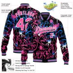 Custom Graffiti Pattern Bomber Jacket with 3D Pink-White Grunge Art, Full-Snap Varsity Style, Team Name & Number Personalized
