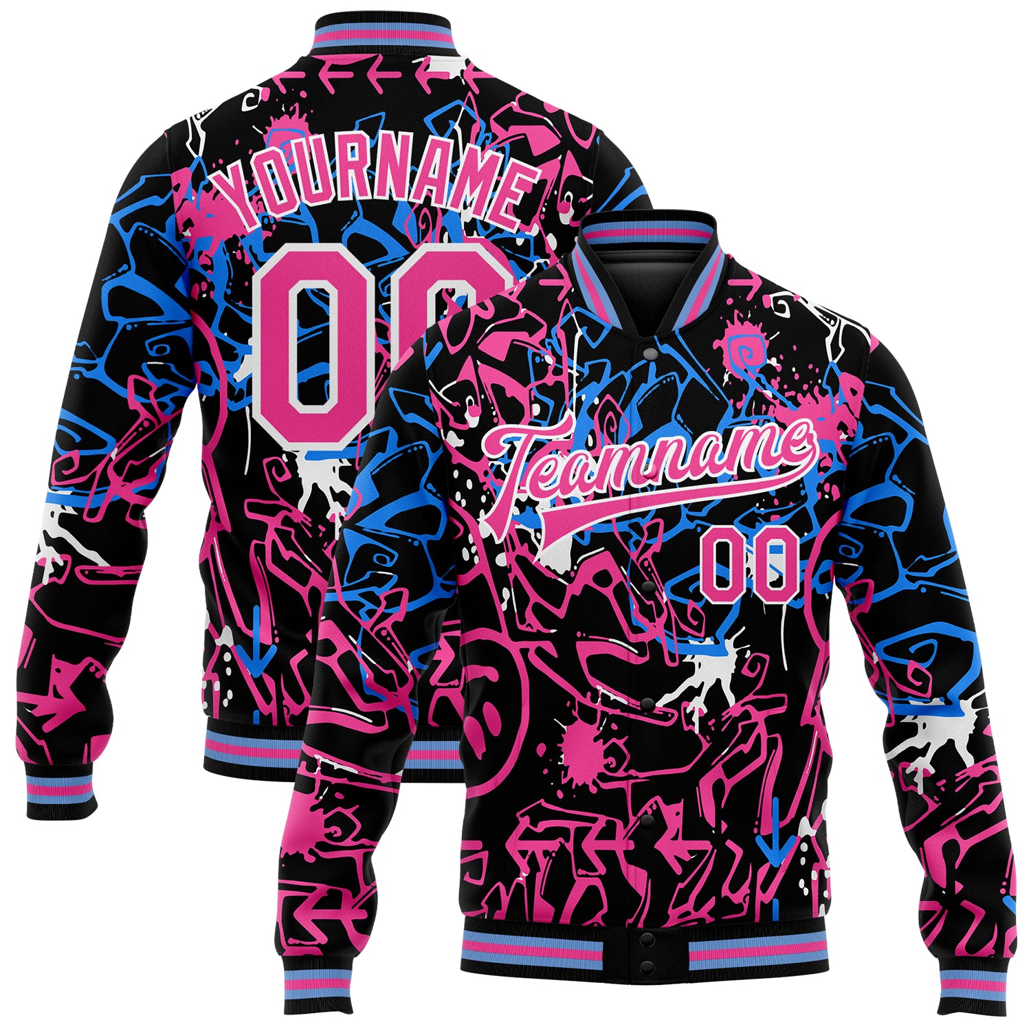 Custom Graffiti Pattern Bomber Jacket with 3D Pink-White Grunge Art, Full-Snap Varsity Style, Team Name & Number Personalized