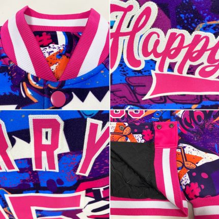 Custom Name and Number 3D Bomber Jacket Pink-White Graffiti Varsity Letterman Full-Snap Design Personalized Graffiti Pattern