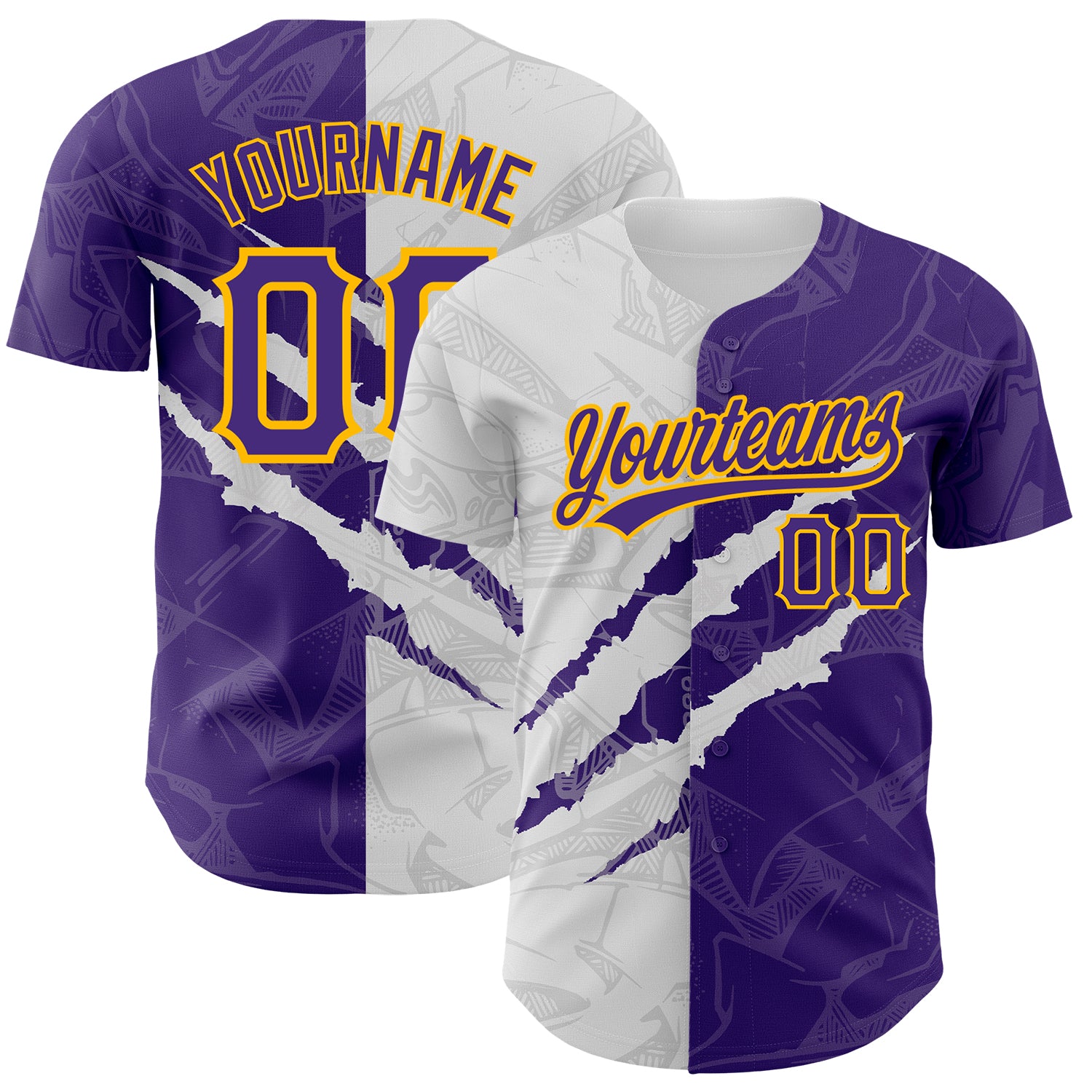 Custom Purple-Gold 3D Scratch Baseball Jersey with Personalized Graffiti Pattern, Team Name and Number Personalized Graffiti