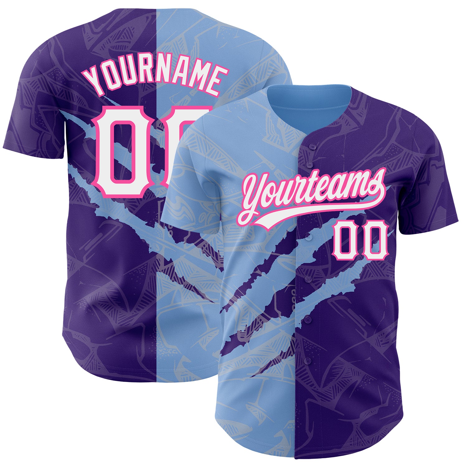Custom Personalized 3D Baseball Jersey with Graffiti Pattern in Purple, Light Blue, and Pink - Team Name and Number Personalized