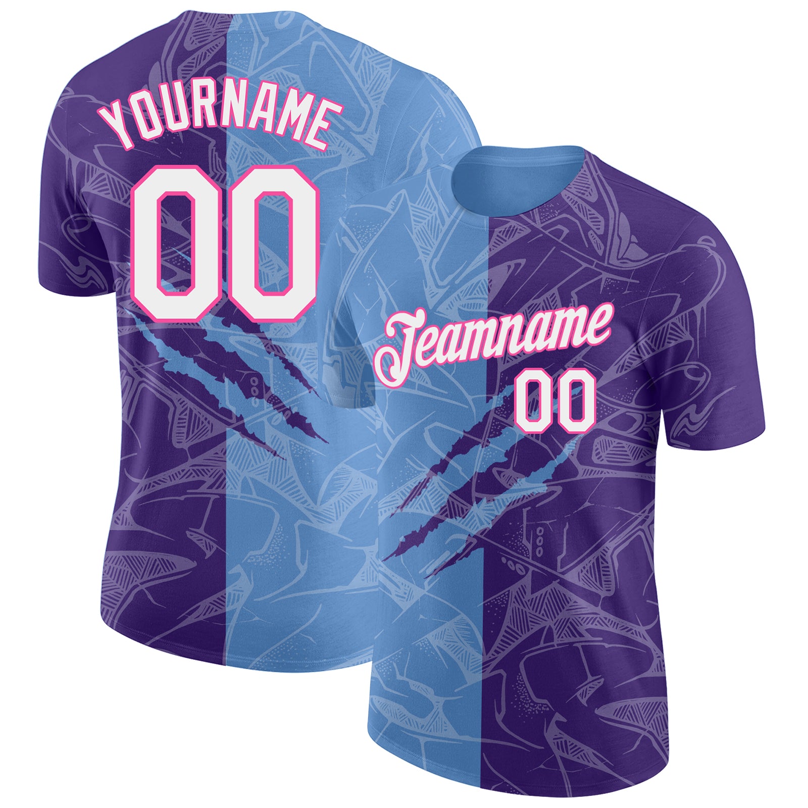 Custom Name and Number Purple Light Blue Pink Graffiti 3D Performance T-Shirt for Teams Personalized Graffiti Pattern Purple