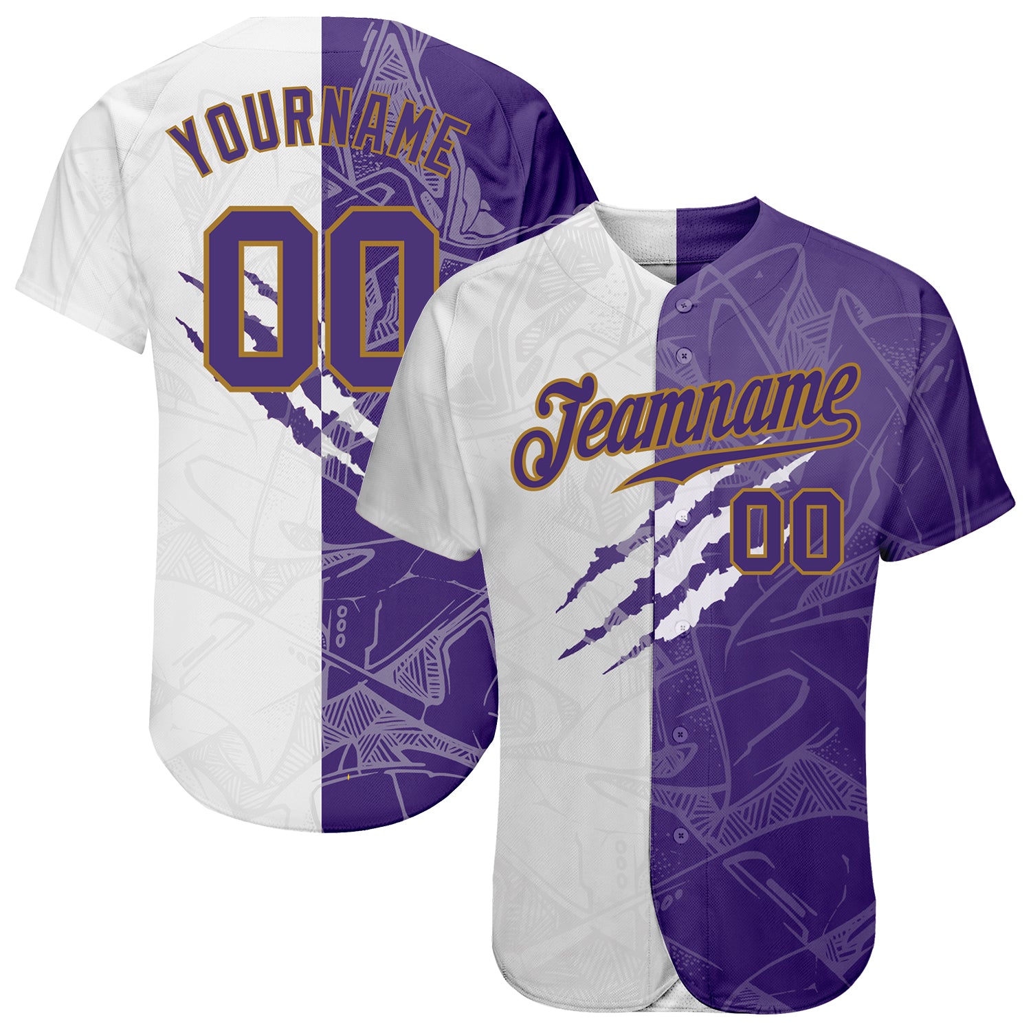 Custom Name and Number 3D Baseball Jersey - Personalized Purple and Old Gold Graffiti Pattern Authentic Team Apparel Personalized