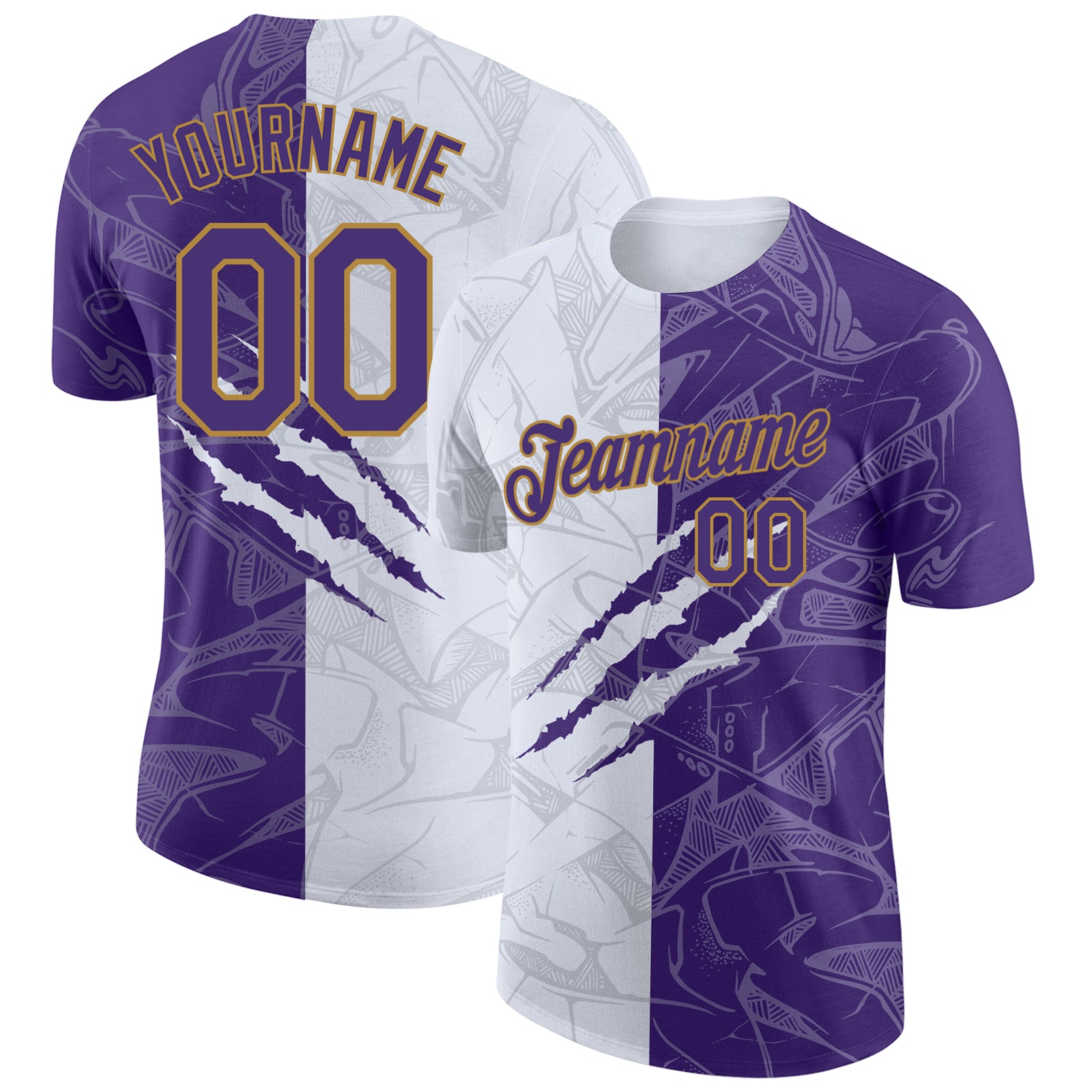 Custom Team Name and Number Purple and Old Gold 3D Performance T-Shirt with Graffiti Pattern Personalized Graffiti Pattern