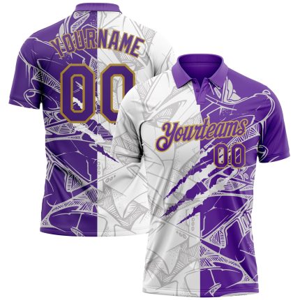 Custom Name Number Golf Polo Shirt - 3D Scratch Purple Old Gold Graffiti Pattern Performance Team Shirt Personalized Graffiti
