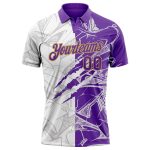 Custom Name Number Golf Polo Shirt - 3D Scratch Purple Old Gold Graffiti Pattern Performance Team Shirt Personalized Graffiti