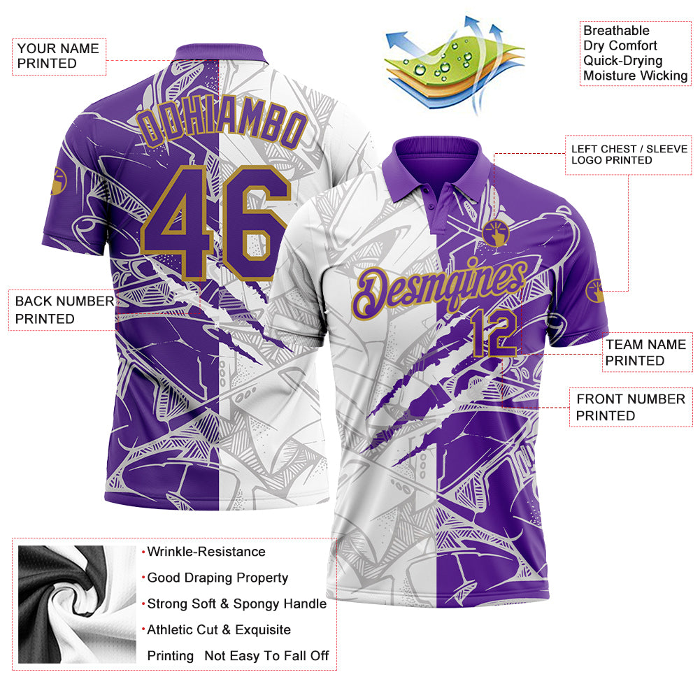 Personalized Graffiti Pattern Purple-Old Gold 3D Scratch Performance Golf Polo Shirt Team Custom Name and Number Custom Name Number Golf Polo Shirt - 3D Scratch Purple Old Gold Graffiti Pattern Performance Team Shirt Personalized Graffiti - Image 3