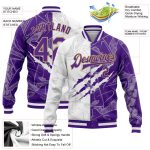 Custom Name and Number 3D Bomber Jacket Purple and Old Gold Graffiti Pattern Full-Snap Varsity Letterman Personalized Graffiti