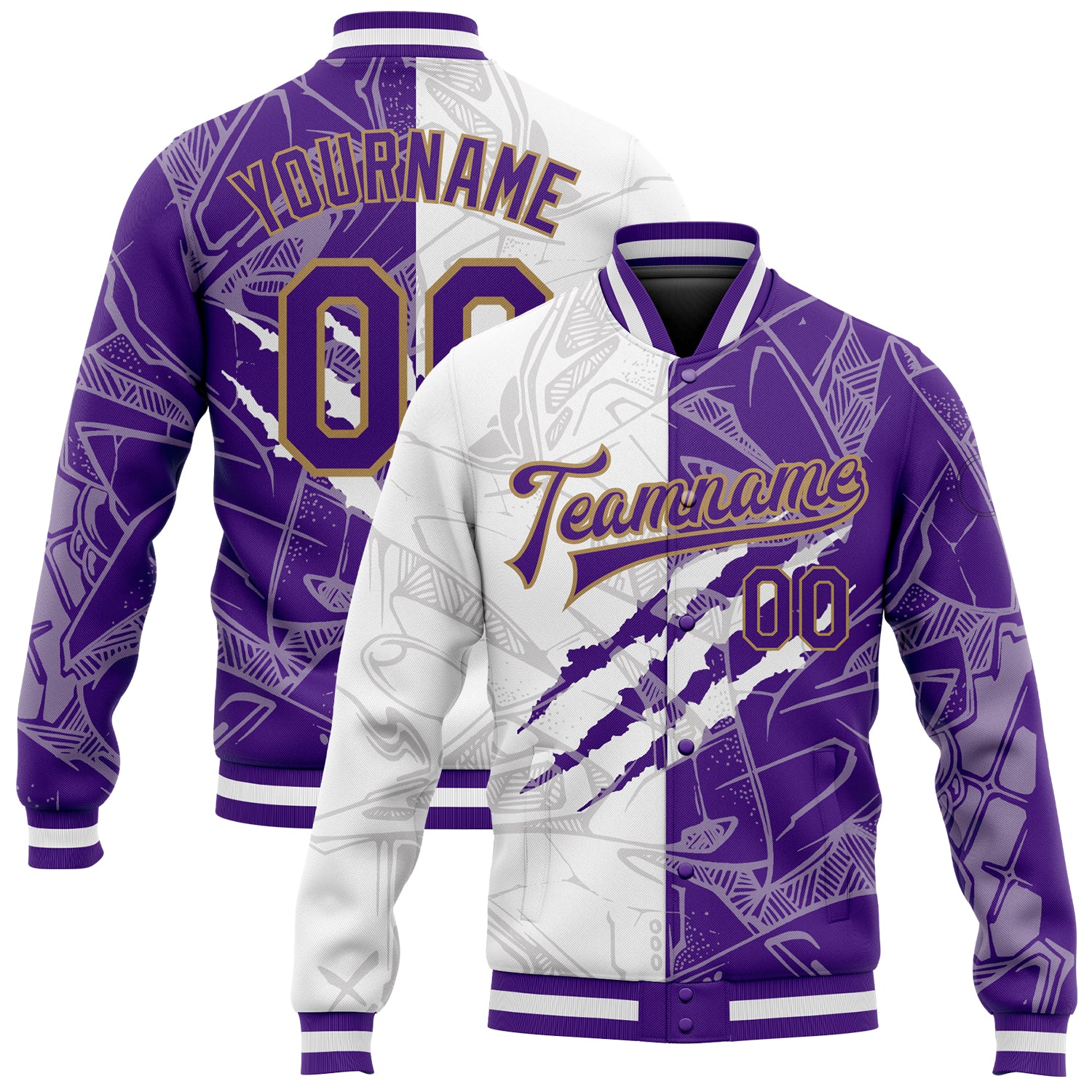 Custom Name and Number 3D Bomber Jacket Purple and Old Gold Graffiti Pattern Full-Snap Varsity Letterman Personalized Graffiti