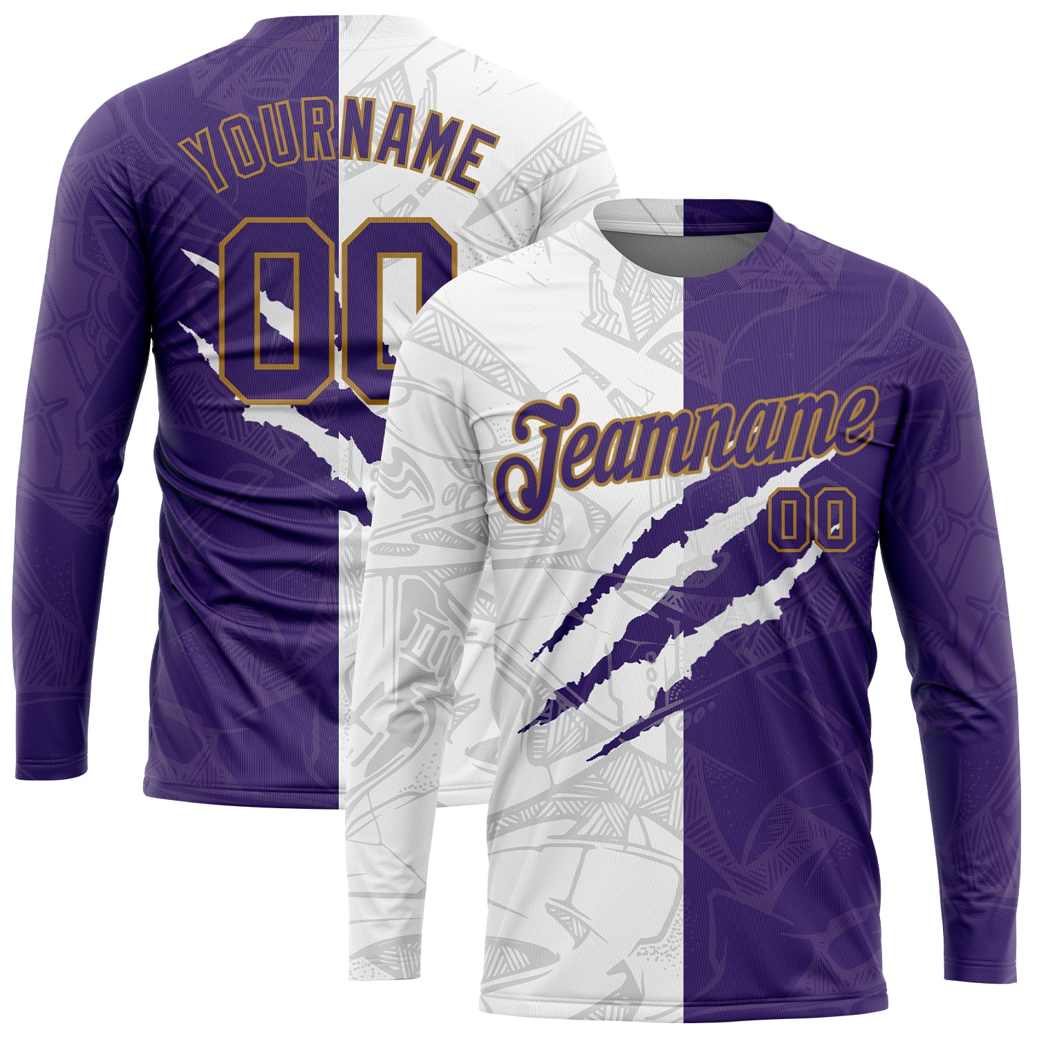 Custom Name and Number Long Sleeve Performance T-Shirt - Personalized Purple and Gold Graffiti Pattern 3D Design Personalized