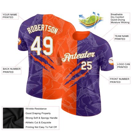 Custom Graffiti Pattern Performance T-Shirt with Name & Number in Purple, Orange, and Old Gold, 3D Design for Teams Personalized