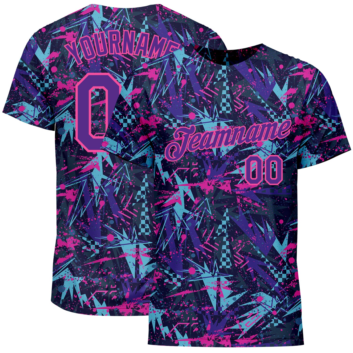 Custom Personalized Graffiti Pattern Performance T-Shirt with 3D Geometric Purple-Pink Design, Team Name & Number Personalized