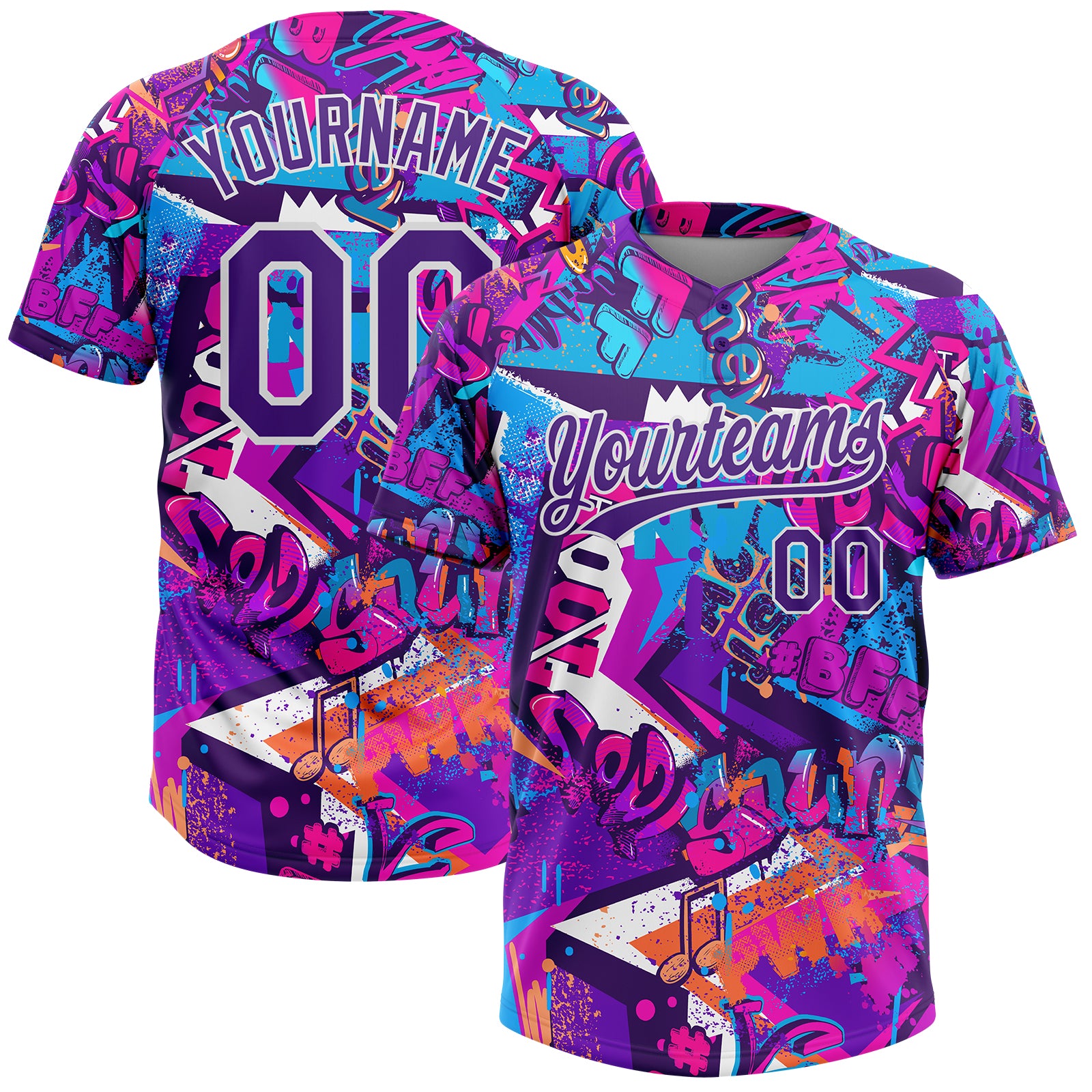 Custom Name Number Purple White Graffiti 3D Bright Psychedelic Softball Jersey Unisex Two-Button Personalized Graffiti Pattern