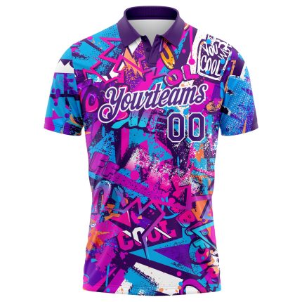Custom Name and Number 3D Performance Golf Polo Shirt Purple-White Graffiti Pattern Personalized Graffiti Pattern Purple-White
