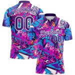 Custom Name and Number 3D Performance Golf Polo Shirt Purple-White Graffiti Pattern Personalized Graffiti Pattern Purple-White