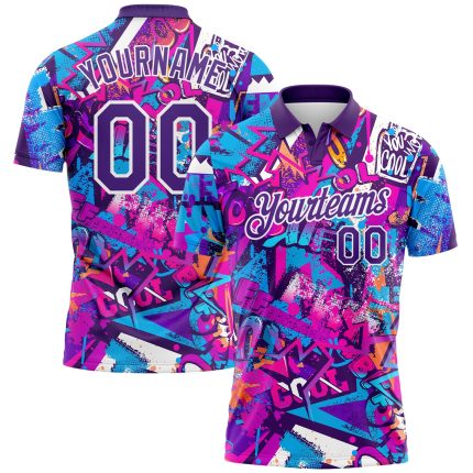 Custom Name and Number 3D Performance Golf Polo Shirt Purple-White Graffiti Pattern Personalized Graffiti Pattern Purple-White