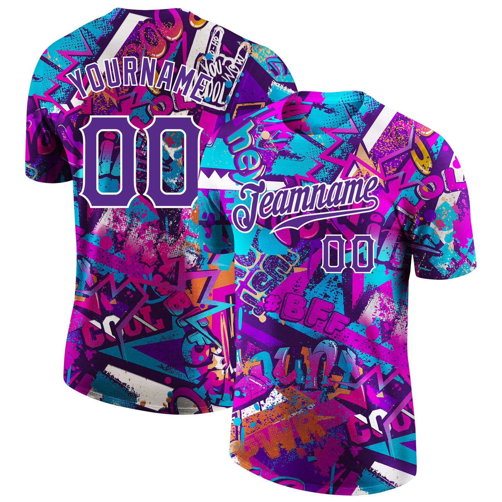 Customizable Purple-White Graffiti 3D Performance T-Shirt with Team Name & Number - Personalized Sports Apparel Personalized