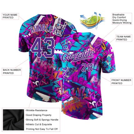 Customizable Purple-White Graffiti 3D Performance T-Shirt with Team Name & Number - Personalized Sports Apparel Personalized