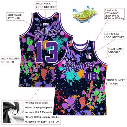 Custom Personalized Basketball Jersey with Purple-White Graffiti Pattern, 3D Splashes, Name & Number Personalized Graffiti