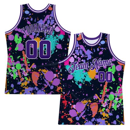 Custom Personalized Basketball Jersey with Purple-White Graffiti Pattern, 3D Splashes, Name & Number Personalized Graffiti