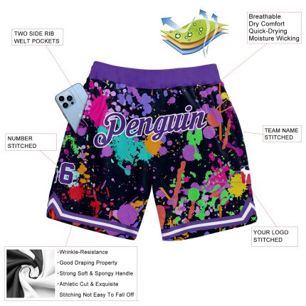 Custom Name Number Personalized Purple White 3D Splashes Graffiti Basketball Shorts Authentic Team Apparel Personalized Graffiti