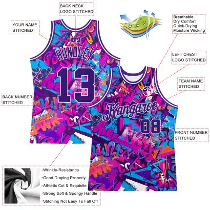 Custom Purple-White Graffiti 3D Name & Number Basketball Jersey - Personalized Team Apparel Personalized Graffiti Pattern