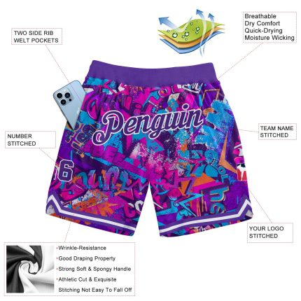 Custom Basketball Shorts with Personalized Graffiti Pattern & 3D Words in Purple-White - Team Name & Number Personalized