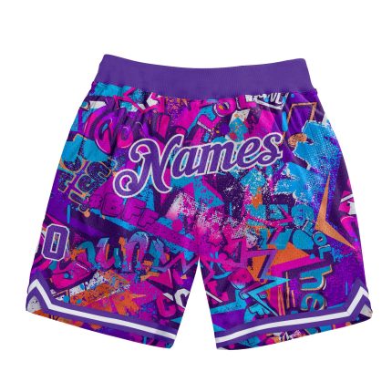 Custom Basketball Shorts with Personalized Graffiti Pattern & 3D Words in Purple-White - Team Name & Number Personalized
