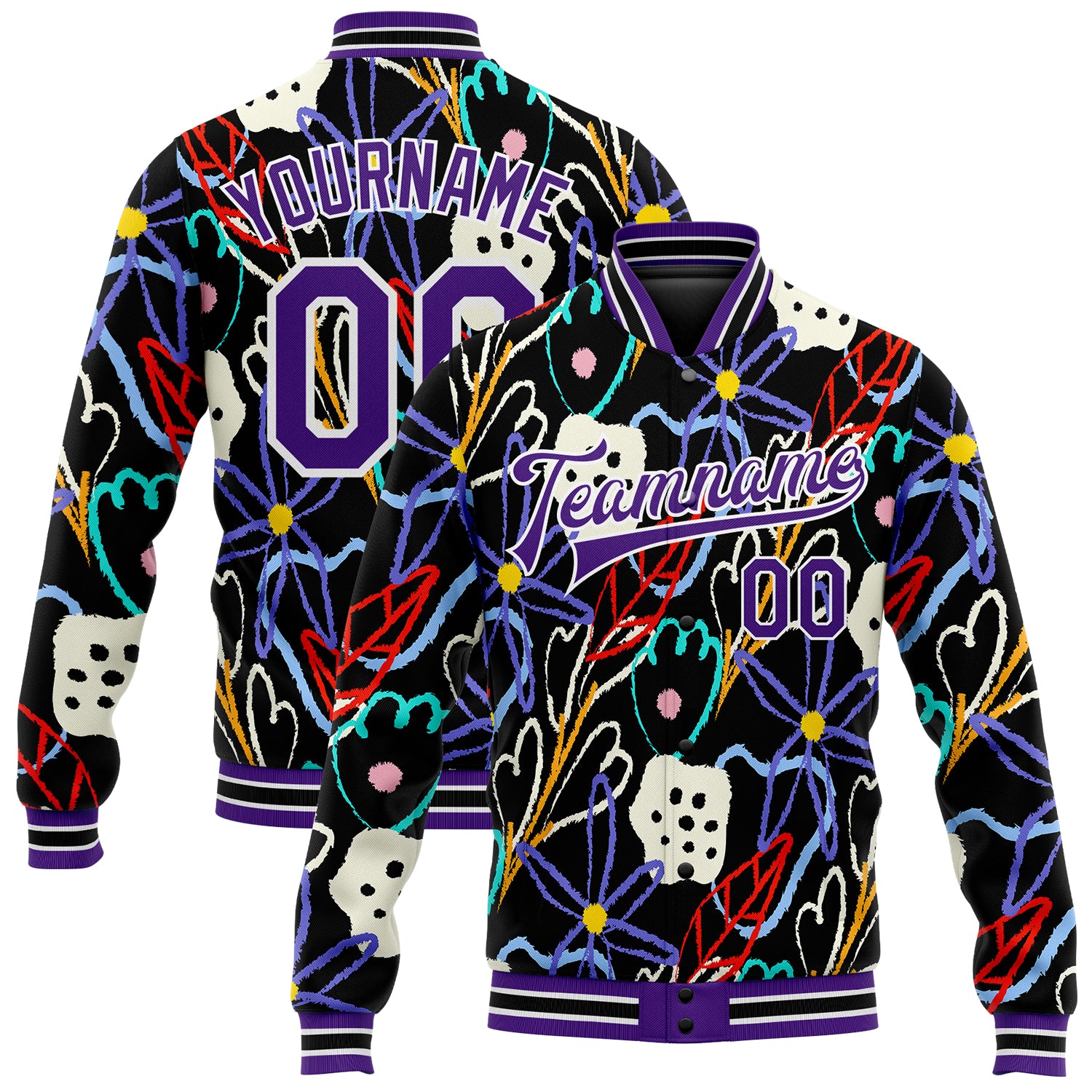 Custom Name and Number Purple-White Graffiti Pattern Hand Painted 3D Flowers Varsity Letterman Bomber Jacket Personalized