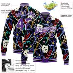 Custom Name and Number Purple-White Graffiti Pattern Hand Painted 3D Flowers Varsity Letterman Bomber Jacket Personalized