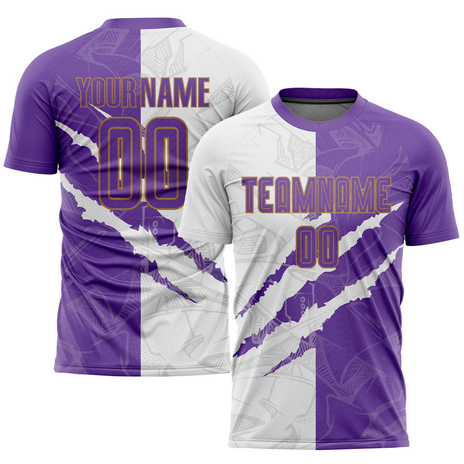 Custom Personalized Purple White Gold Graffiti Soccer Jersey with Name and Number - Sublimation Team Uniform Personalized