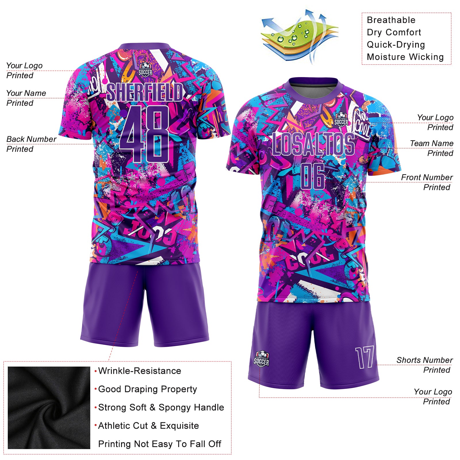 Personalized Graffiti Pattern Purple-White Sublimation Soccer Uniform Jersey Team Custom Name and Number Custom Purple-White Graffiti Pattern Soccer Jersey with Name and Number - Personalized Team Sublimation Uniform Personalized - Image 5