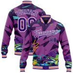 Custom Team Name Number Purple White Graffiti Pattern 3D Bomber Varsity Letterman Jacket Trendy Urban Street Art Personalized