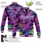 Custom Team Name Number Purple White Graffiti Pattern 3D Bomber Varsity Letterman Jacket Trendy Urban Street Art Personalized