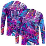 Custom 3D Long Sleeve Performance T-Shirt with Personalized Graffiti Pattern in Purple-White, Team Name and Number Personalized